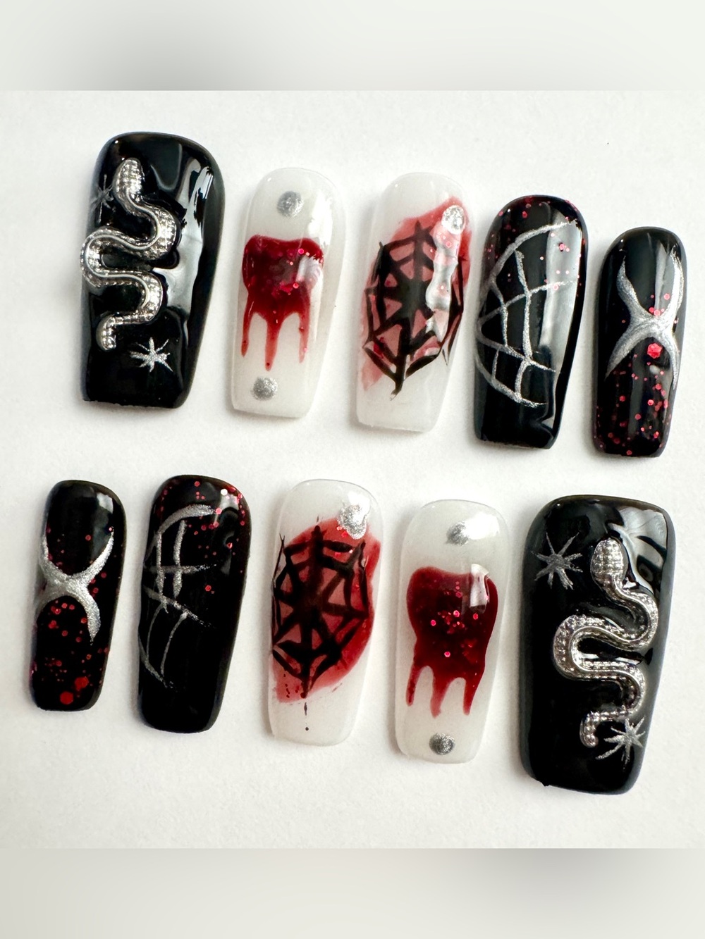 Gothic Spiderweb & Dripping Blood Press-On Nails - Black, White & Red